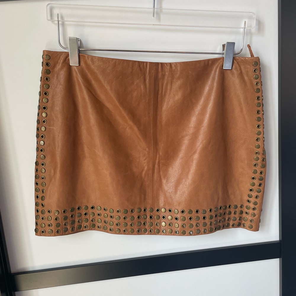 Haute Hippie Tan Leather Mini Skirt with Metal Rivet Accents